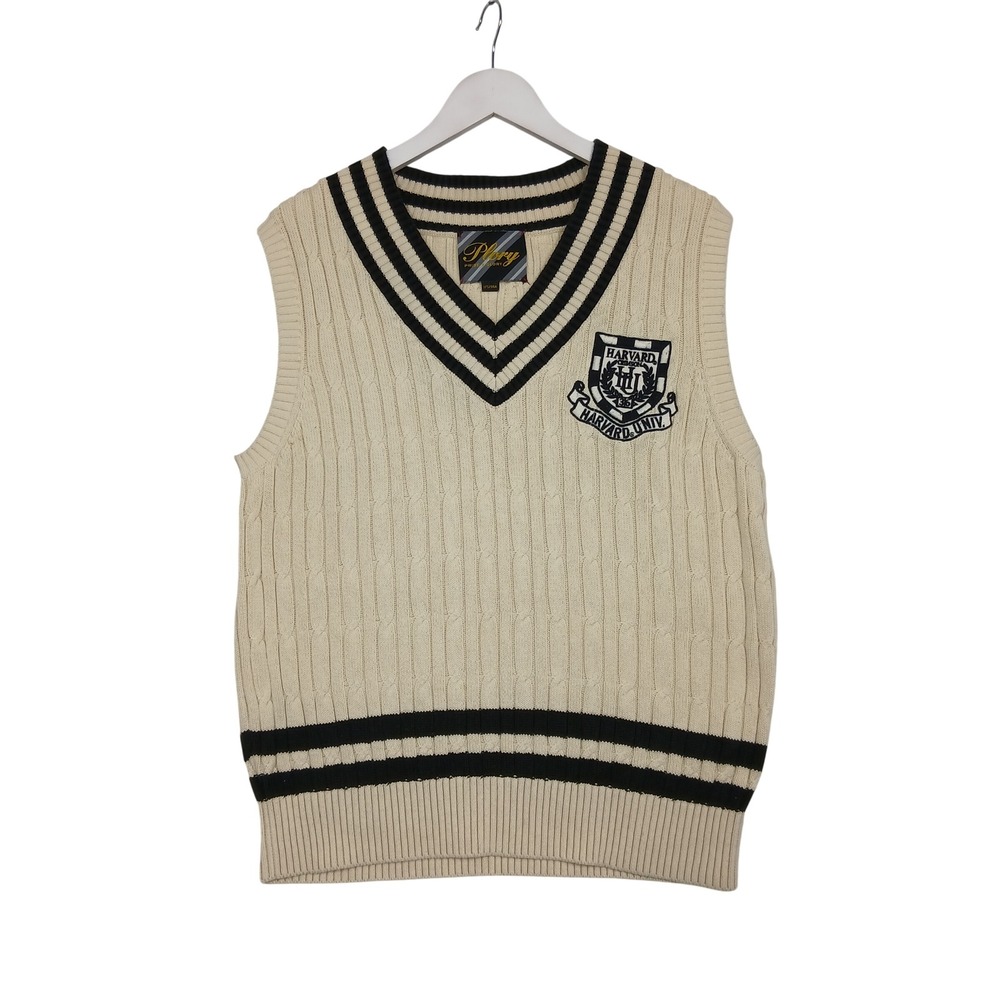 Plory Harvard University Crimson Cable Knit Sweater Vest Cream Navy PYVK85852